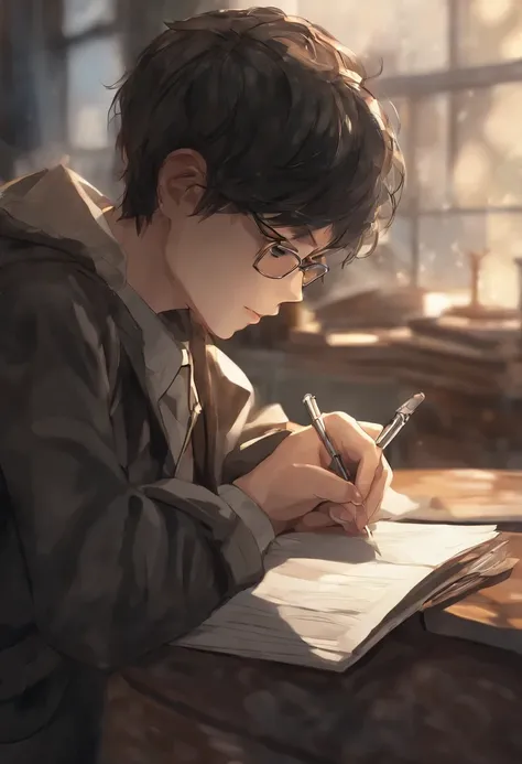 an 18 year old boy studying in busy environment in anime style