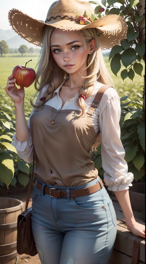 Uma mulher de cabelos muito longos, castanho claro, is wearing cowboy clothes while working in the field of a farm. She is picking apples with her skilled hands and looks directly at the viewer with a charming look, overflowing with a mixture of determinat...