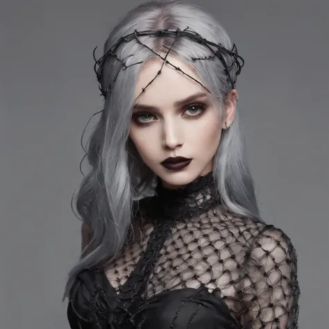 Girl with gothic net symbolic clothes, 。.com (Barbed wire of the body) brunette color hair，Gray hair ends