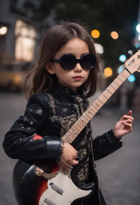 blind girl kids, black sunglas, playing guitar, street performance, night, nebulae