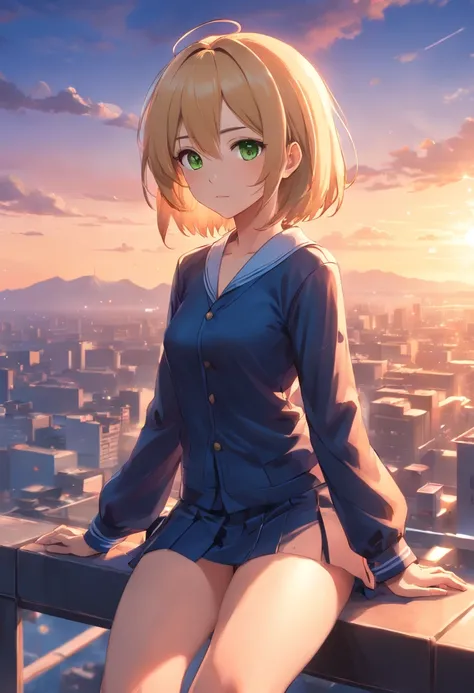 (Anime style)  (Best quality, Masterpiece), (4K,hyper HD) , Anime girl, Long blonde striped hair, Reddish highlights, has green eyes, wearing a Japanese school uniform, Look at the sun, There is very little background，There are sunsets, The background colo...