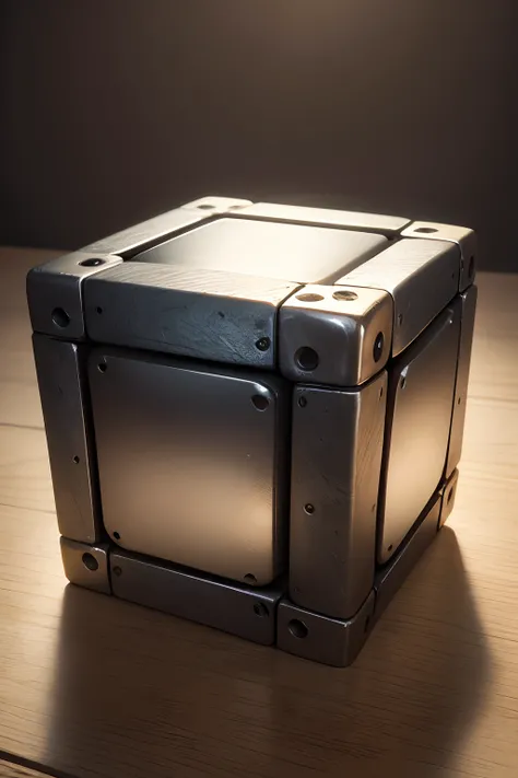 Subject: metal cube, texture, natural light, close-up