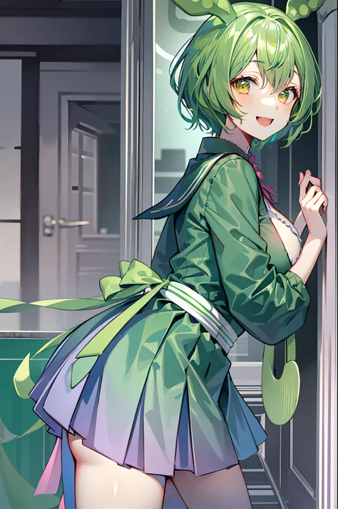 a beauty girl，Yellow-green hair，bobhair、short-hair、Gentle drooping eyes，large full breasts、校服，Manga style，fulcolor，hi-school girl，Calm and gentle face，Big smile、innocent smiles