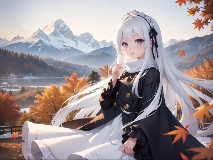 Pretty girl　Snowy mountains can be seen in the distance　A park on a hill with autumn leaves　Light blue long hair　Black eyes　Brown and white dress　Very Beautiful Little Girl　Some photos of fallen leaves fluttering