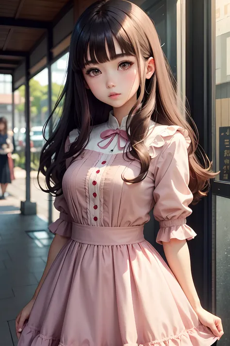 brunette color hair, Miyazaki art style, 1girll, Blush, Upper body, highly details eye, hires, 鎖骨, frill dress, Shut up