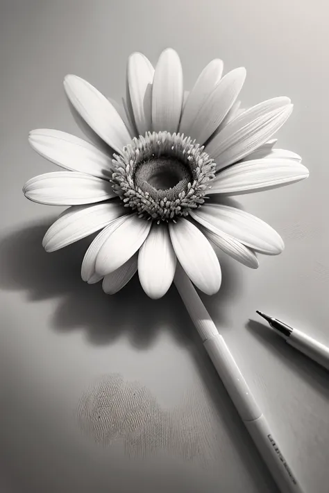 highly detailed  black and white pencil drawing of a daisy blooming in white background