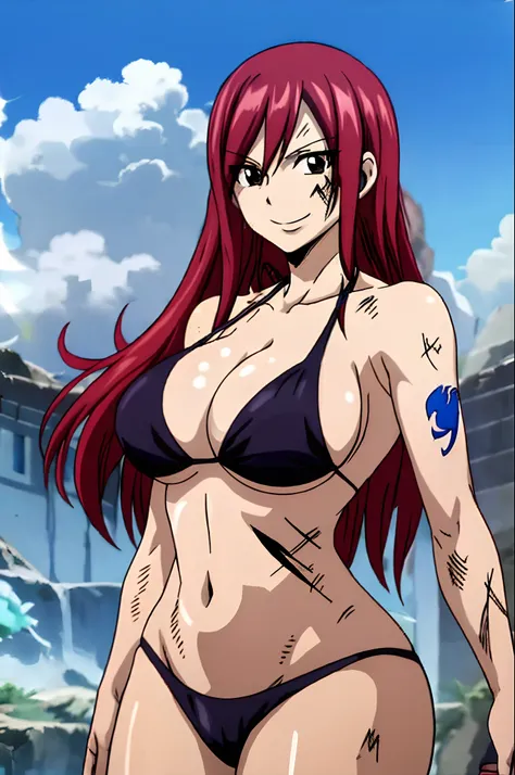 Scarlet erza, (tiny black bikini only), adult woman, big breasts, standing, cowboy shot, best quality, ((right shoulder)), slightly strong arms, looking at viewer, left shoulder tattoo, big smile, perfect body, injured, (bandages), knocked down