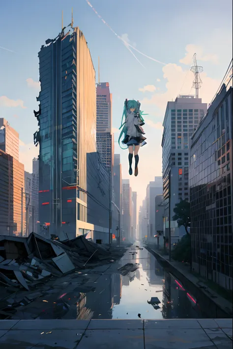 miku hatsune, Anime characters flying over a city with puddles, in a ruined cityscape, floating over a city sidewalk, destroyed city in the background, Digital Cyberpunk Anime Art, digital cyberpunk - anime art, dystopian digital art