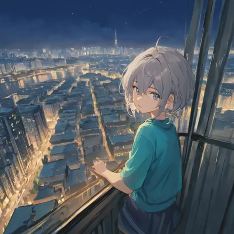 (Masterpiece), Best quality, Cyan eyes, light grey hair, Expressive eyes, Hohaya, Sitting in a high floor apartment room, Night sky, City landscape, view the viewer, City lights, window, Highlight, dramatic lights, Calm face,