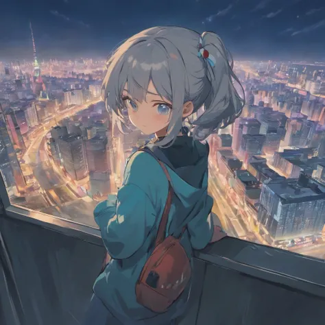 (Masterpiece), Best quality, Cyan eyes, light grey hair, Expressive eyes, Hohaya, Sitting in a high floor apartment room, Night sky, City landscape, view the viewer, City lights, window, Highlight, dramatic lights, Calm face,