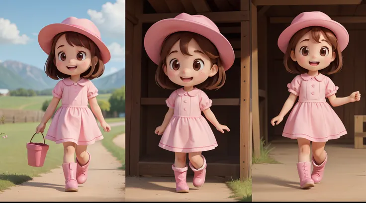 "A little girl walking, character animation frames, with an identical character design in each frame. The little girl is alone, happy, with brown hair, brown eyes, rosy cheeks, wearing a pink farm outfit, a pink hat, pink boots, and a white background."