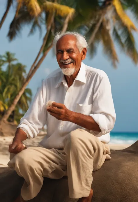 old man,wringkle, happy, white plain shirt, playing jimbe, waves, coconut tree