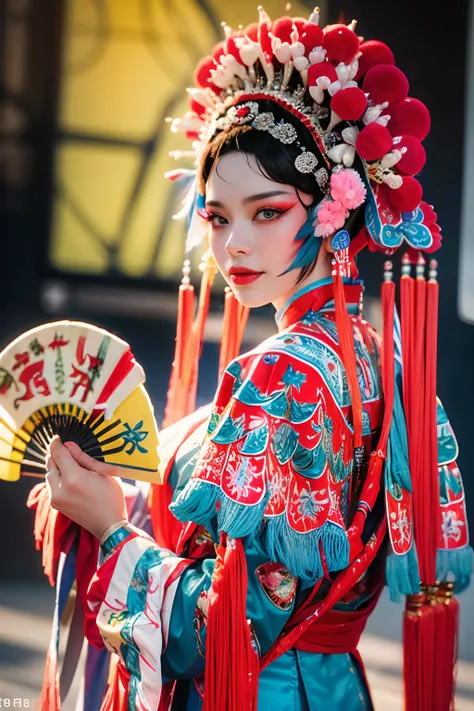 8K，RAW photos，best qualtiy，tmasterpiece，realisticlying，photograph realistic，ultra - detailed，
Close-up，A beautiful woman dressed in a Chinese Peking Opera costume stands on the stage，Close-up of holding a fan，looking at viewert， ssmile， From the front， CNO...