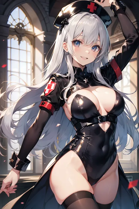 top-quality、Full limbs、complete fingers、Slender beauty、a 25yo woman、straight haired、Silvery head hair、((Black Nurse Leotard))、((Black nurse hat))、Red Cross、Brown pantyhose、A big smile、in a castle、Dancing