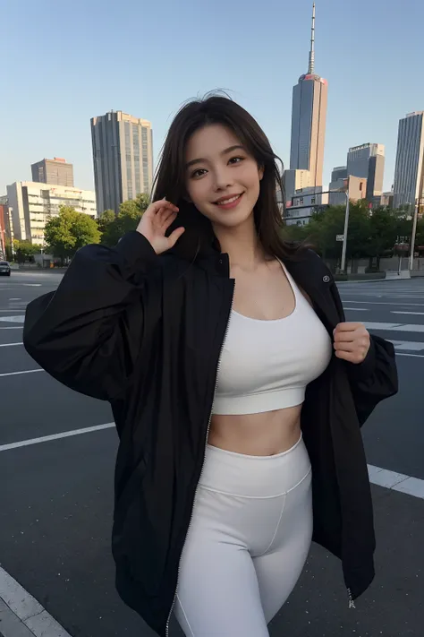 Best Quality, 超A high resolution, (Realistic、Photorealistic:1.4), 1girl in, Loose oversized black jacket, White Sports Bra, (yoga pant:1), (light brown hair:1.2), l Looking at the viewer, Smiling, Fat Body, A city scape, urbane, makeup, Wide Angle、transist...