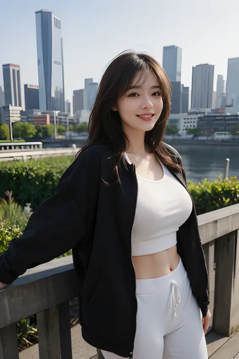 Best Quality, 超A high resolution, (Realistic、Photorealistic:1.4), 1girl in, Loose oversized black jacket, White Sports Bra, (yoga pant:1), (light brown hair:1.2), l Looking at the viewer, Smiling, Fat Body, A city scape, urbane, makeup, Wide Angle、transist...