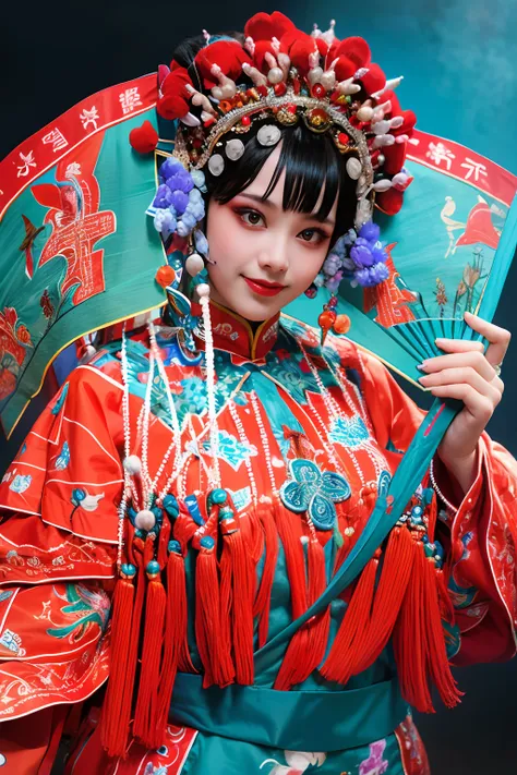 8K，RAW photos，best qualtiy，tmasterpiece，realisticlying，photograph realistic，ultra - detailed，
Close-up，A beautiful woman dressed in a Chinese Peking Opera costume stands on the stage，Close-up of holding a fan，looking at viewert， ssmile， From the front， CNO...