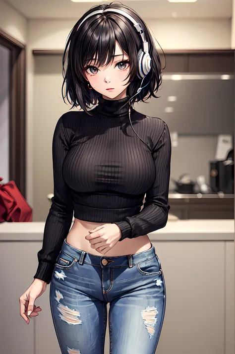 best quality,masterpiece,original,extremely detailed wallpaper,looking at viewer,1girl,solo,black hair,messy hair,bob hair,crop_sweater, demin jeans,turtleneck,headset,standing,blurry background,