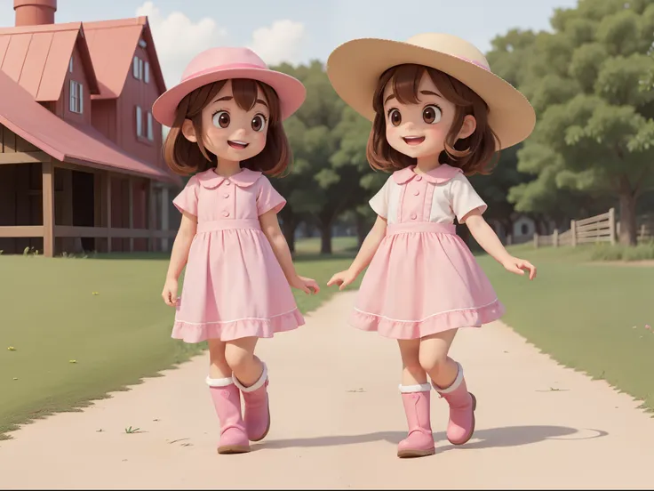 "A little girl walking, character animation frames, with an identical character design in each frame. The little girl is alone, happy, with brown hair, brown eyes, rosy cheeks, wearing a pink farm outfit, a pink hat, pink boots, and a white background."