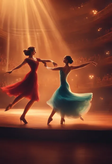 2girls, Pair of dancers, tango, joyful, elegant Pixar style Free space ,orchestral, crowd, musical notes