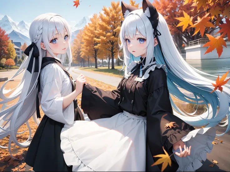 Pretty girl　Snowy mountains can be seen in the distance　A park on a hill with autumn leaves　Long blue hair　Twin-tailed　Black eyes　Brown and white dress　Very Beautiful Little Girl　Photo of falling leaves fluttering