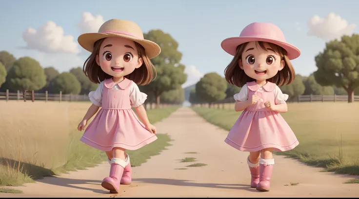 "A little girl walking, character animation frames, with an identical character design in each frame. The little girl is alone, happy, with brown hair, brown eyes, rosy cheeks, wearing a pink farm outfit, a pink hat, pink boots, and a white background."