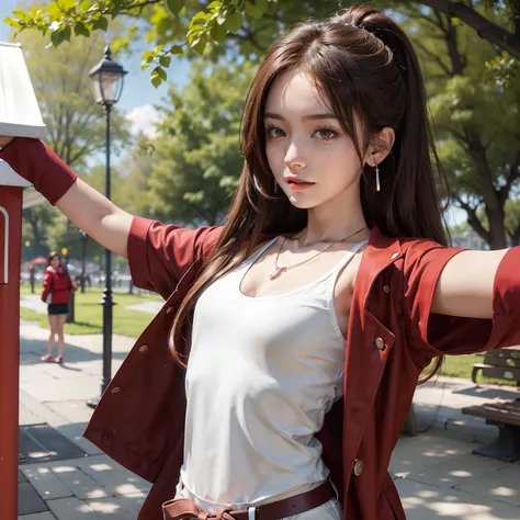 Brown hair long，White vest red coat，Woman in shorts，Stretching his arms，In the park kiosk，Wearing necklace earrings，sunshine on body