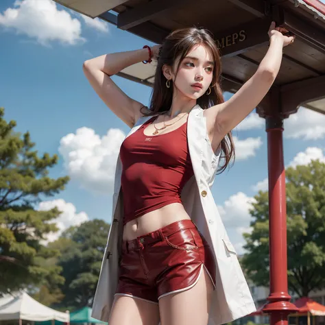 Brown hair long，White vest red coat，Woman in shorts，Stretching his arms，In the park kiosk，Wearing necklace earrings，sunshine on body