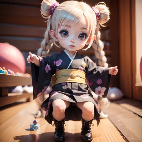 Cute Baby Chibi Anime,(((Chibi 3D))) (Best Quality) (Master Price)、Innovative Jewelry Decoration Costume Funa Kimono、long hair with pale blue braids、punk fashion、Amiage Boots、(Play party:1.5)