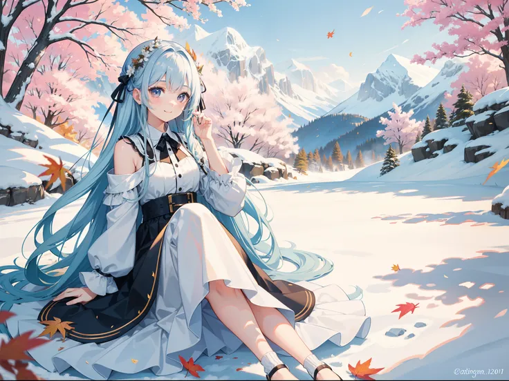 Pretty girl　Snowy mountains can be seen in the distance　A park on a hill with autumn leaves　Long blue hair　Black eyes　Brown and white dress　A charming smile　Very Beautiful Little Girl　Photo of falling leaves fluttering