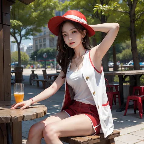 Brown hair long，White vest red coat，Woman in Shorts，stretching out arms，At the park kiosk，Wear necklace earrings，sunshine on body，With a hat on，sitting on a stool