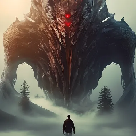 giant creature, looking down on people, foggy, red eyes, gray body, in a lake, trees growing around the lake, hole in its chest,...