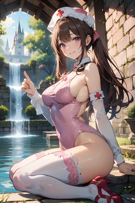 top-quality、Full limbs、complete fingers、Slender beauty、a 25yo woman、poneyTail、Brown hair、((Pink Nurse Leotard))、((Pink nurse hat))、White pantyhose、Red Cross、A big smile、in a castle、The fountain、Dancing