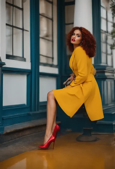 mulher ruiva olhos grandes vermelhos roupa social azul sapatos de salto amarelo