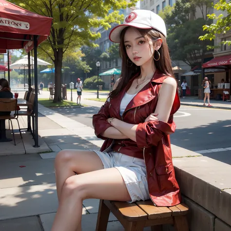 Brown hair long，White vest red coat，Woman in Shorts，crossed arms，At the park kiosk，Wear necklace earrings，sunshine on body，With a hat on，sitting on a stool