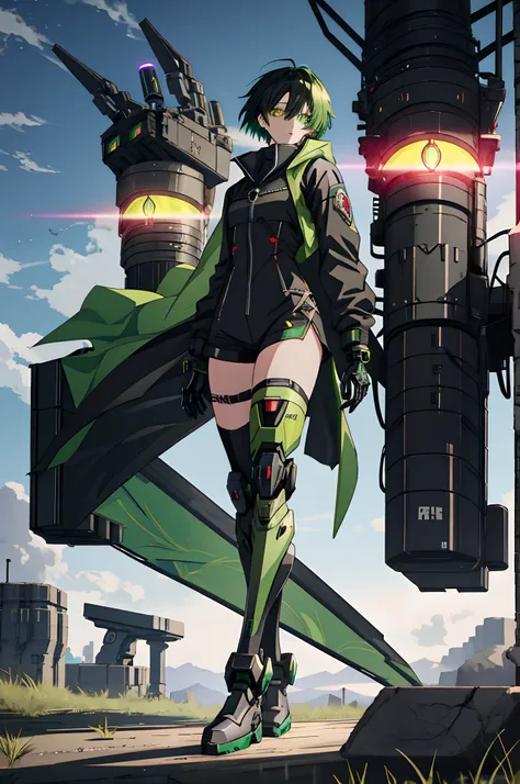 Anime girl sitting on the ground，Black cape and green hair, rogue anime girl, the anime girl is crouching, Wearing a cloak on the blasted plain, asuka suit under clothes!, holy cyborg necromancer girl, badass posture, mechanic punk outfit, anime styled 3d,...