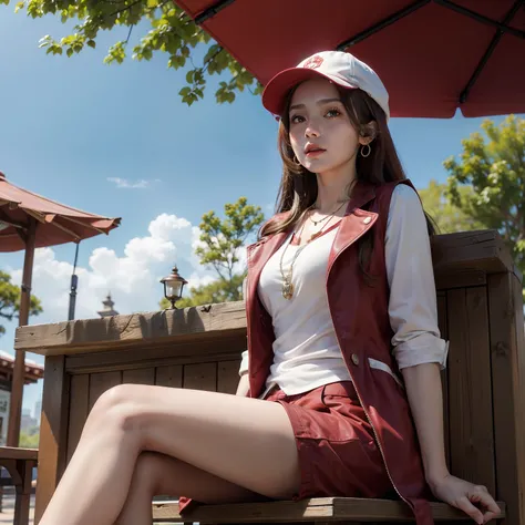 Brown hair long，White vest red coat，Woman in Shorts，crossed arms，At the park kiosk，Wear necklace earrings，sunshine on body，With a hat on，sitting on a stool