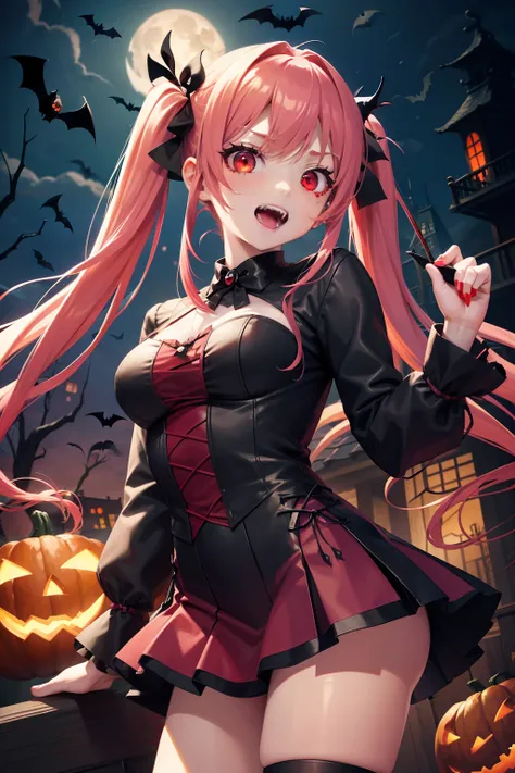 Halloween , Vampire、a cool、a miniskirt, long hair with pink twin tails,,,,,,,,,,, Looking at the viewer, Front view,Halloween Vampire Costumes、Sharp fangs、Red Eyes、Blood from the mouth、the bats、Vampire House、Pumpkin Obake、Obake