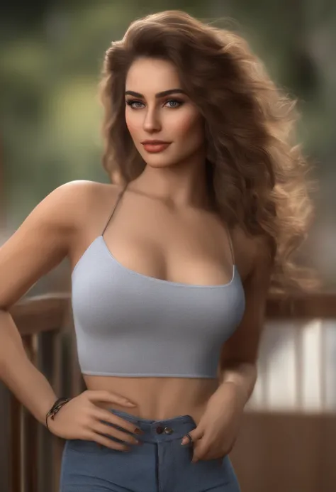 （Realista， high - resolution：1.3）， 1 chica con un cuerpo perfecto， super fine face and eyes，Cabello largo， sin camiseta， Vaqueros cortos， teta grande，cuerpo completo