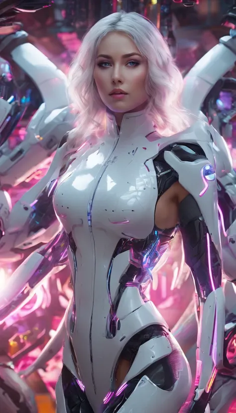 looking down on the camera，full body shot shot，Cyberpunk Style，She has six robotic arms，(Best quality,4K,A high resolution,Ultra-detailed:1.2),Vivid colors,Sharp focus,Physically-based rendering,Extreme detail description,professional,Portrait,Mechanical t...