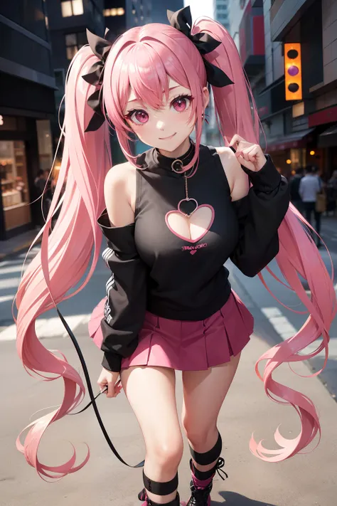 full body Esbian, masutepiece: 1.2, Highest Quality), (Live-action, elaborate details), (1 Lady, Solo, Upper body,) Clothing: Edgy, Black long jumper, pink miniskirt, long hair with pink twin tails,,,,、Avant-garde, Experimental appearance: Long pink twin t...