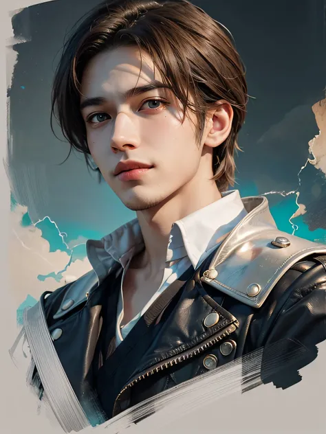 1boy, teenager, light brown hair, stoic, solo focus teenager face, white shirt, handsome, smiling, realistic, dynamic pose realistic, detailed and correct facial structure, LEON S. KENNEDY, handsome, extremely detailed, dynamic angle, cowboyshot, the most ...