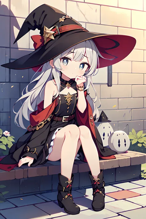 (1girl in:1.2), (Solo:1.2) , nffsw, Shaders, Brilliant Textured Work, Ultra-detailed eyes, ultra-intricate pupil in eyes, top-quality, full body, witchs hat, Leather belt on hat, Gray hair, long hair, Smooth straight hair, deadpan, No emotion, Gray eyes, a...