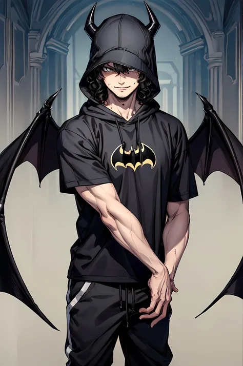 best quality,masterpiece,original,extremely detailed wallpaper,looking at viewer,1boy,solo,male,male focus,black hair,curly hair,hair between eyes,batman logo print on black shirt,black hood,black joggers,anger vein,black fur cap,giggling, horns on cap,bat...