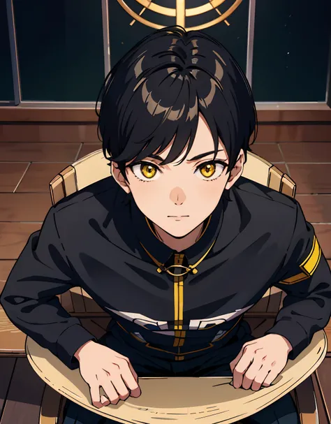 1boy, sitting, in the classroom, black hair, yellow eyes, detailed eyes, ultra hd, shining eyes, calm atmosphere