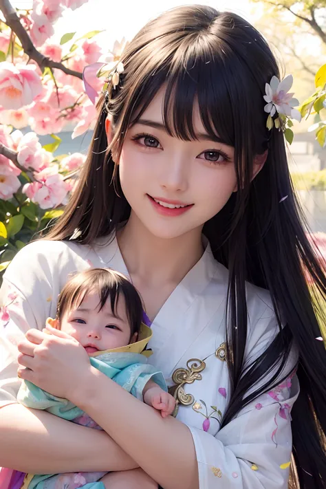 photoRealstic、Baby opens mouth and big smile、Water droplets on the cheeks、Flowing iridescent silk、up of face、Eye Up、There are flowers even in front of you、flower petals、season!!: 夏天☀ 🍂