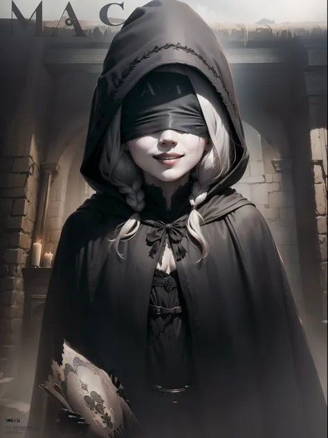 (((Magazine cover))),((pale witch)), ((black cloak)), grinning, ((blindfold)), beautiful girl