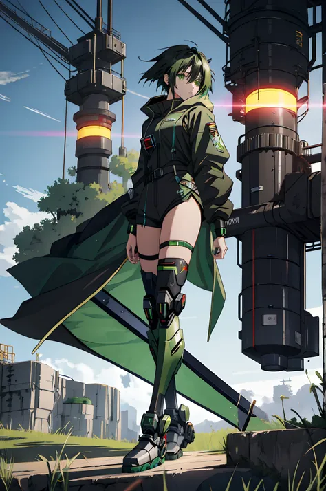 Anime girl sitting on the ground，Black cape and green hair, rogue anime girl, the anime girl is crouching, Wearing a cloak on the blasted plain, asuka suit under clothes!, holy cyborg necromancer girl, badass posture, mechanic punk outfit, anime styled 3d,...