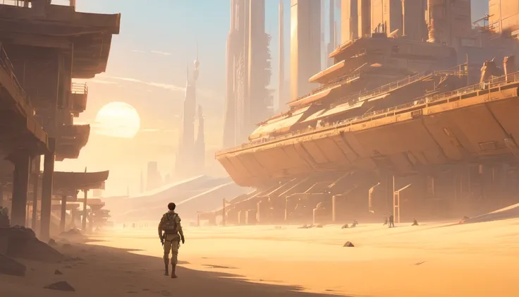 Dune concept art，Clean and neat tones，Sci-fi base scene，Huge scene，Square-shaped complex，Soviet aesthetic architecture，huge buildings，There are many spaceships in the air，Size contrast，crowd of， Soldiers versus soldiers， Big scenes of war，smog，epic concept...