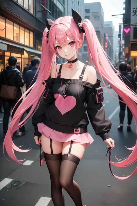 full body Esbian, masutepiece: 1.2, Highest Quality), (Live-action, elaborate details), (1 Lady, Solo, Upper body,) Clothing: Edgy, Black long jumper, pink miniskirt, long hair with pink twin tails,,,,,、Avant-garde, Experimental appearance: Long pink twin ...